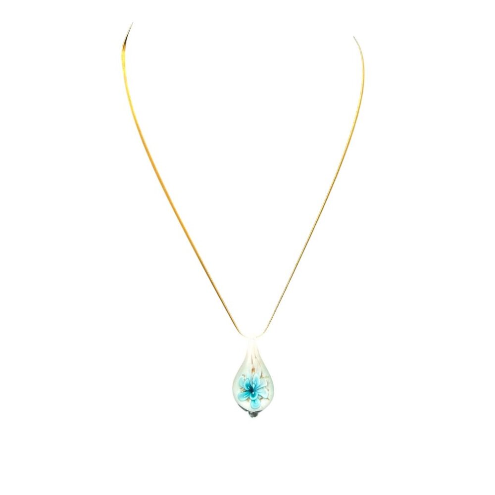 Necklace Floral Blown Art Glass Teardrop Pendant Handcrafted Gold Tone